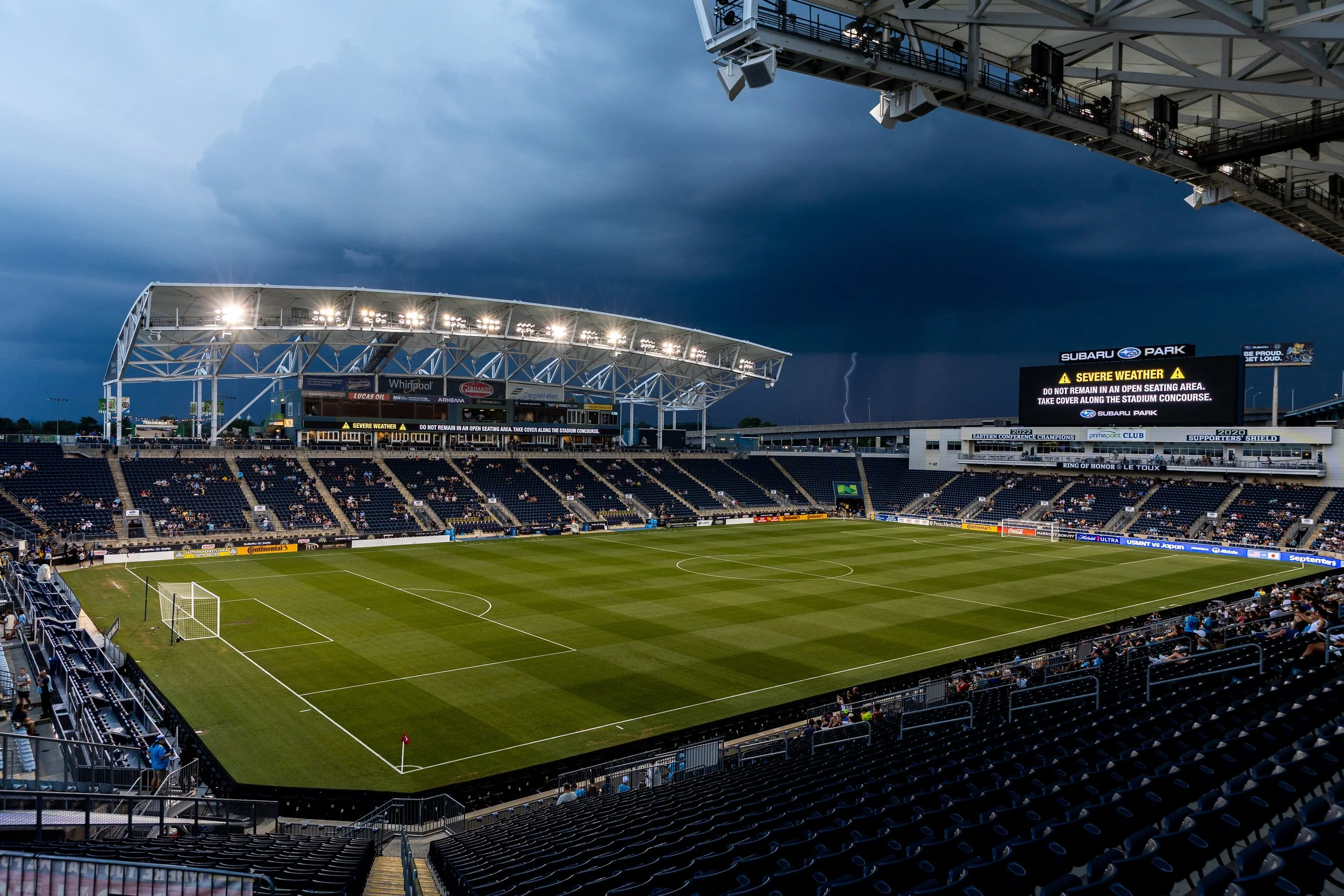  CHESTER, PENNSYLVANIA - JULY 9: Lightning strikes near Subaru Park during a severe weather delay in the U.S. Open Cup Championship Quarter Final between the Philadelphia Union and the New York Red Bulls on July 9, 2025 in Chester, Pennsylvania. (Pho
