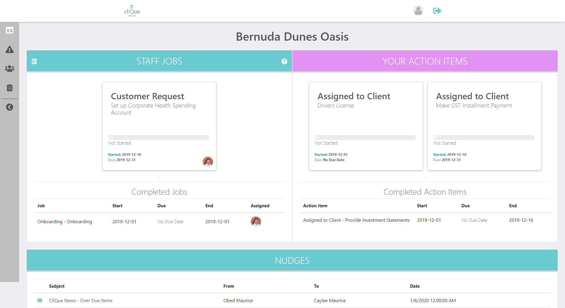 Existing screen featuring the tasks assigned to clients