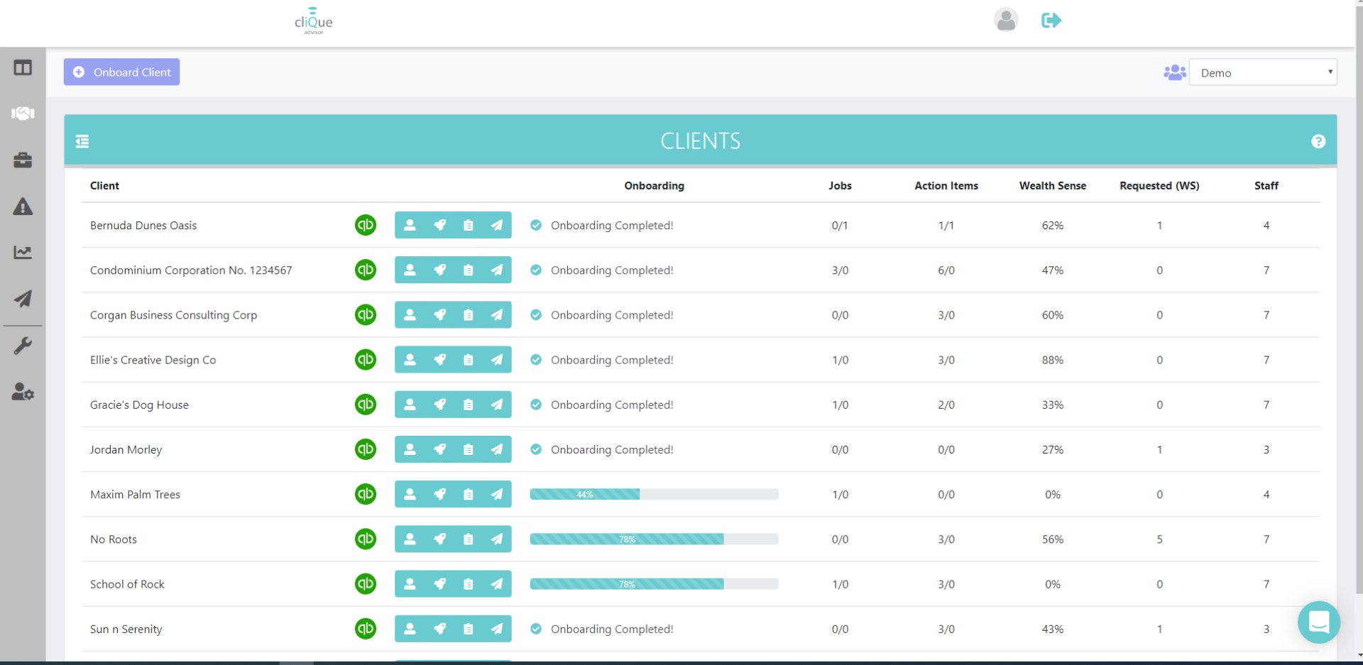 Existing screen featuring a list of clients and their businesses.
