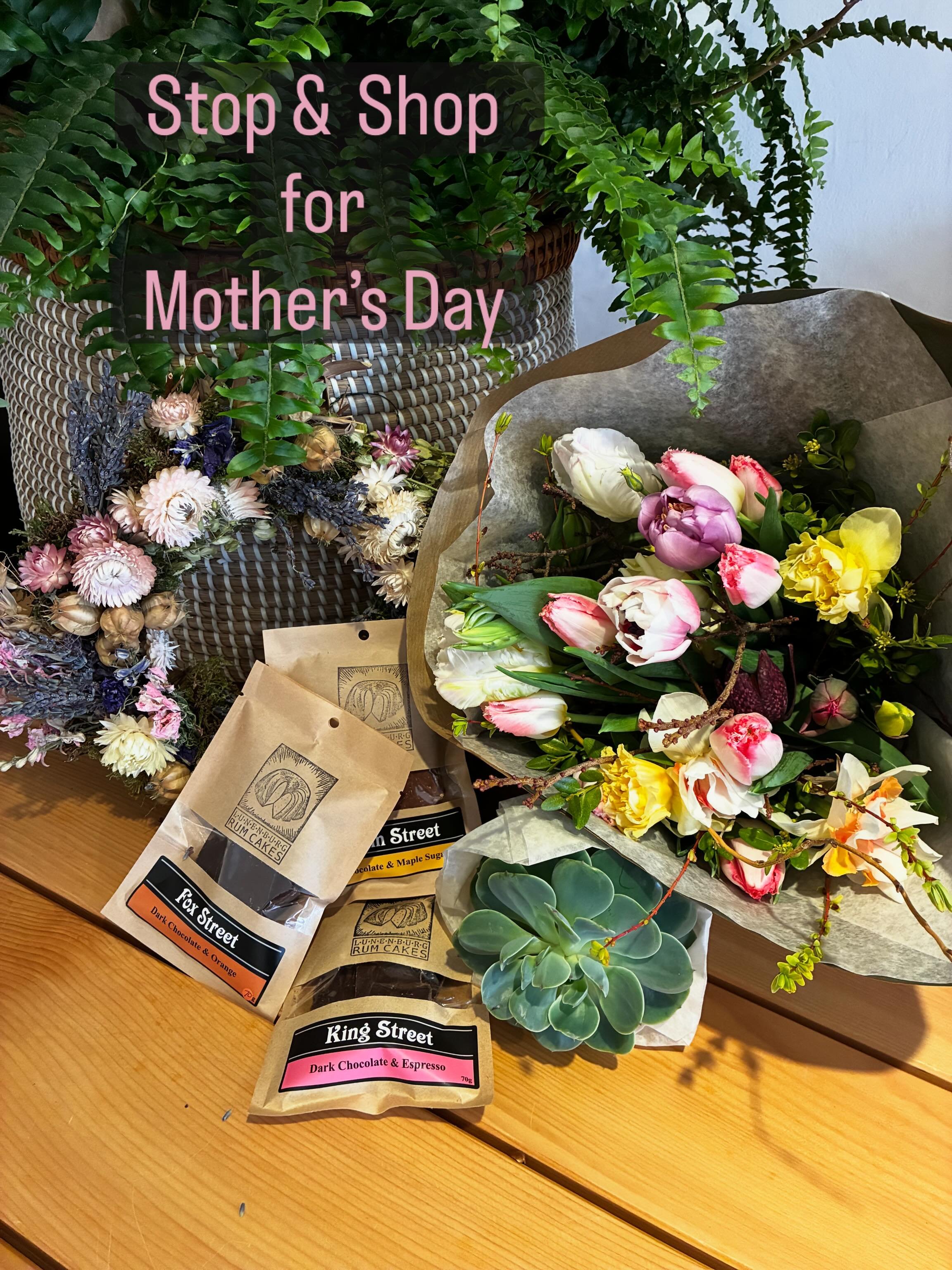 6 more days to Mother&rsquo;s Day.
With all the sunshine up in the air, we will have lots of tulips and spring bouquets, dried wreaths as well as planted table arrangements.
@lunenburgrumcakes supplied us with delicious chocolates.

Our preorder is c