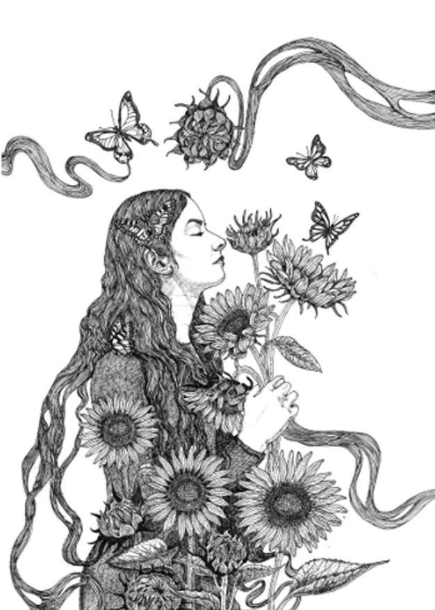 Self portrait with sunflowers- Indian ink on paper