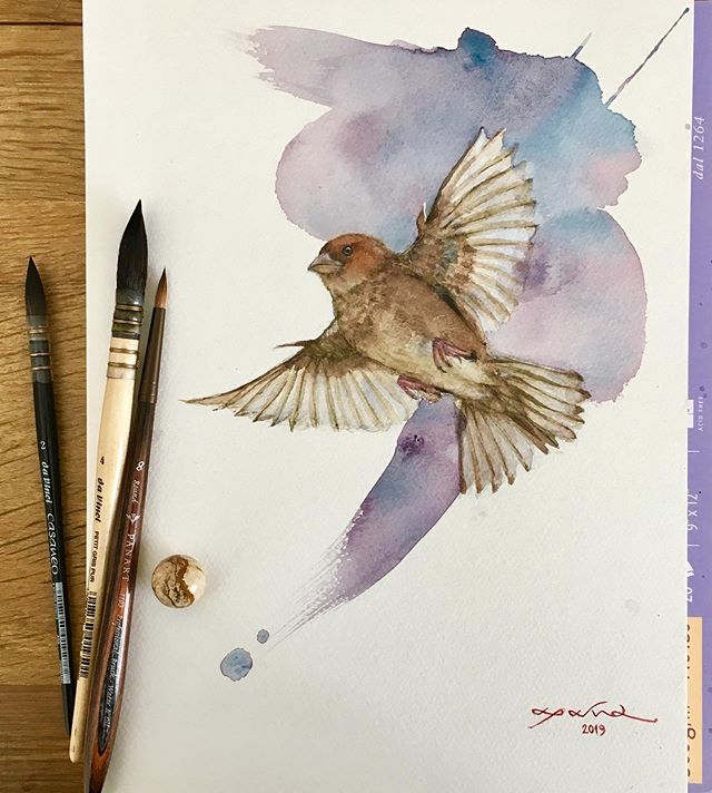 Another sparrow, this time she’s soaring high! I was looking around for matching stuffs for my flat-lay attempt and realized that the brushes I used for the painting itself match the colours of the sparrow. Also I have this obsession for glass