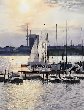 Summer evening at the Alster, Watercolour on paper 61x46 cm
