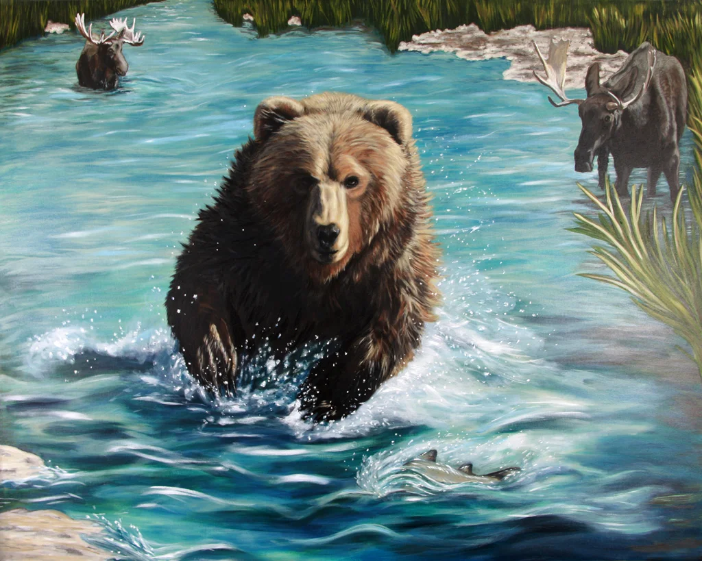 Charging Grizzly and Moose