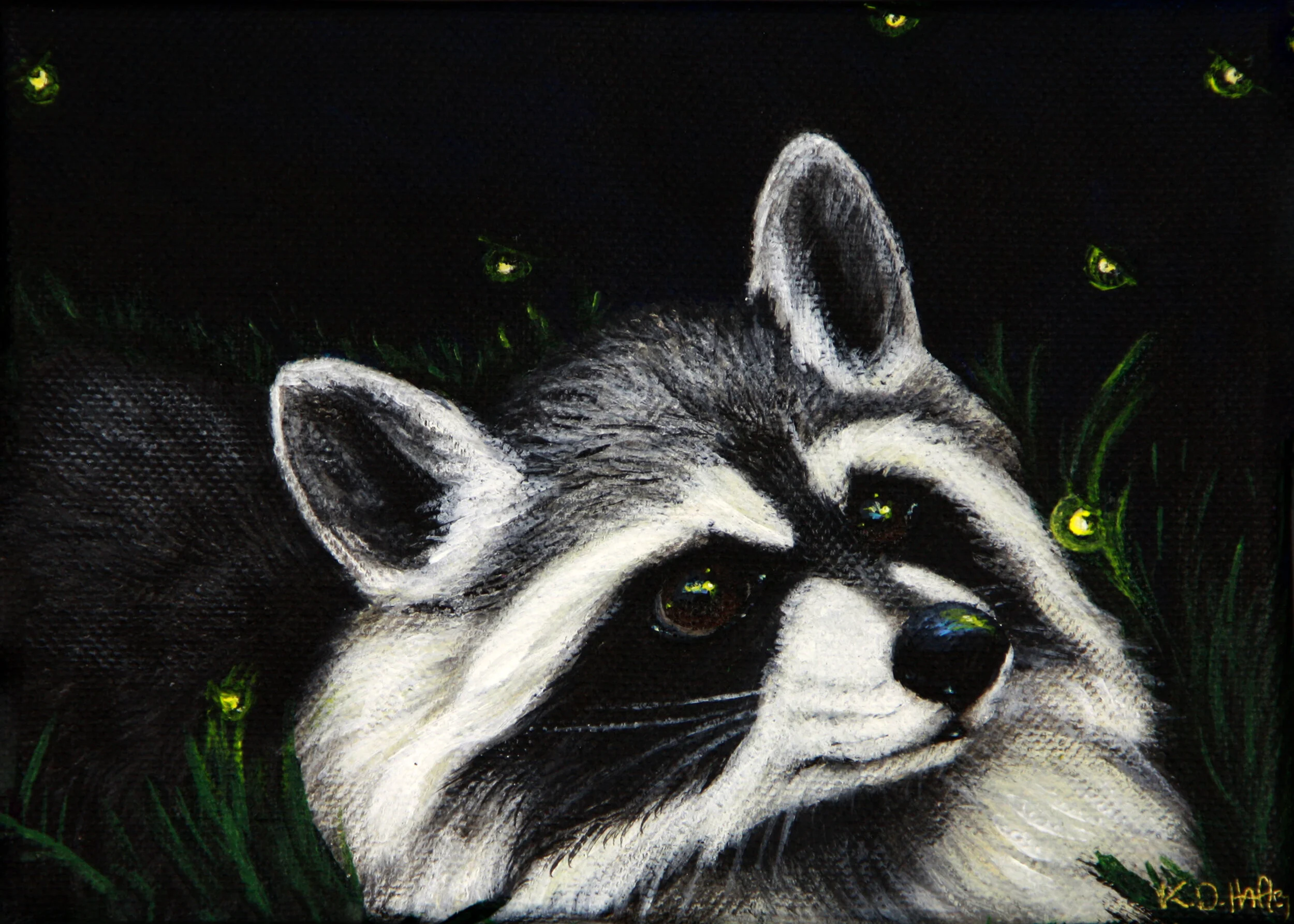 446 - Rocky with Lightening Bugs - acrylic on canvas 5 x 7.jpg