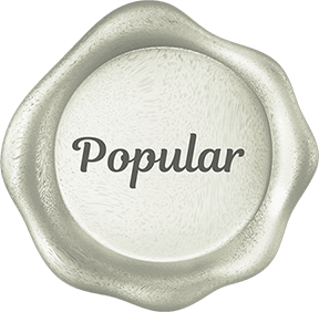 Silver wax seal with the word Popular written in the center.