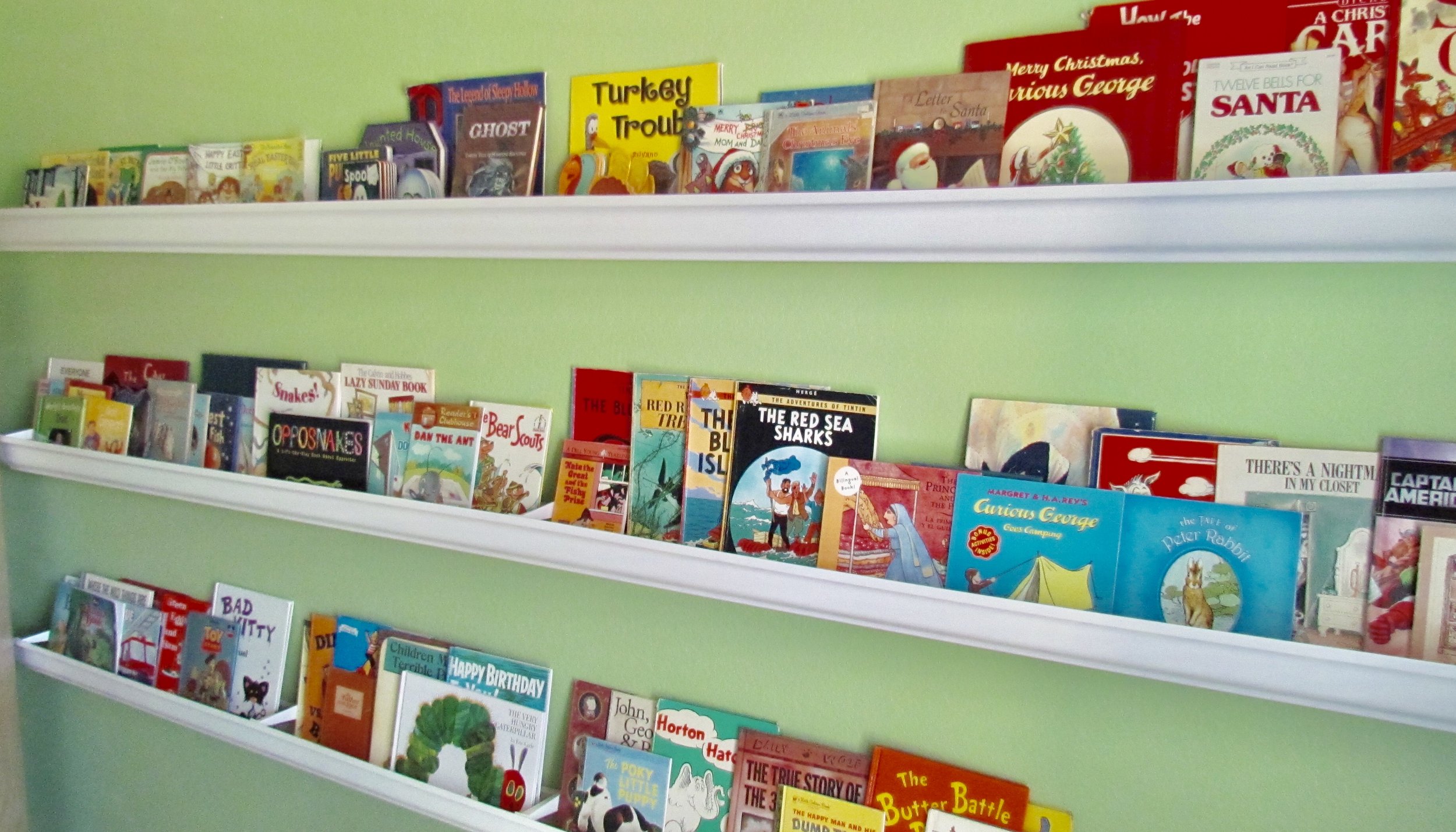Our original “gutter book shelves” at our home in Texas. We disassembled and reassembled these when we moved to New York.