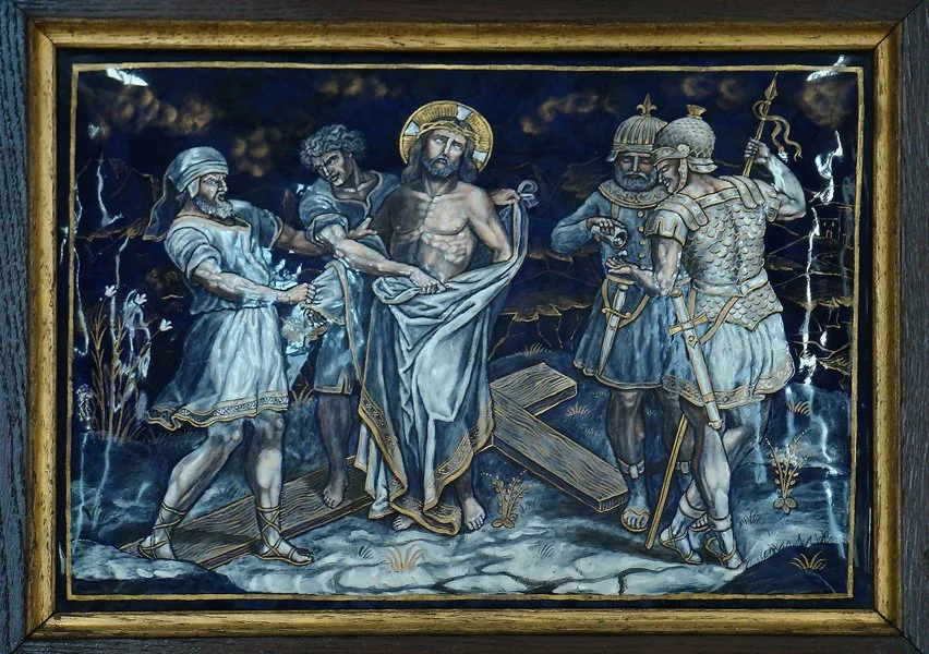 Church of Notre-Dame-des-Champs, Avranches, Manche, Normandie, France. Fourteen enamel paintings, technique from Limoges, representing the Stations of the Cross (visualize from left to right, top down).