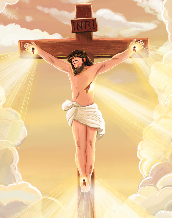 The five wounds of Christ are radiating light, bringing warmth and life to everything it touches. By His wounds, we are healed (1 Peter 2:24). These sacred wounds are the center of the image. They are meant to instill wonder and prayerful devotion t