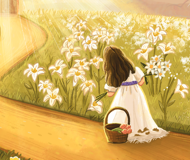 The little girl, a child of divorce, has been walking on the dirt path. Her white dress is frayed and made filthy by the journey, and a purple cord symbolizes her suffering. She stops to pick a few flowers: a sign of her wonder, childlikeness, contem