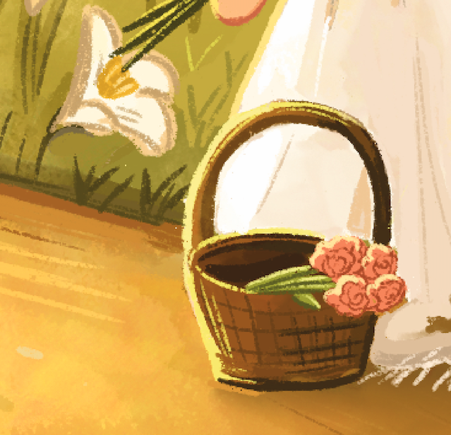 The basket of flowers in the artistic tradition represents many things for us from the fleeting nature of life (Vanitas) to the abundance of life. It can have allegorical or romantic meaning or be seen as a gift and offering in a religious sense. Her