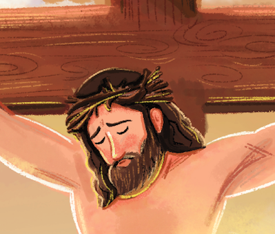 Jesus’ expression is somber. He takes no joy in His or our suffering. His face resembles that of Michael Corsini’s Christ in Let the Children of Divorce Come to Me, the first work of sacred art we commissioned and the similarity is meant to convey th