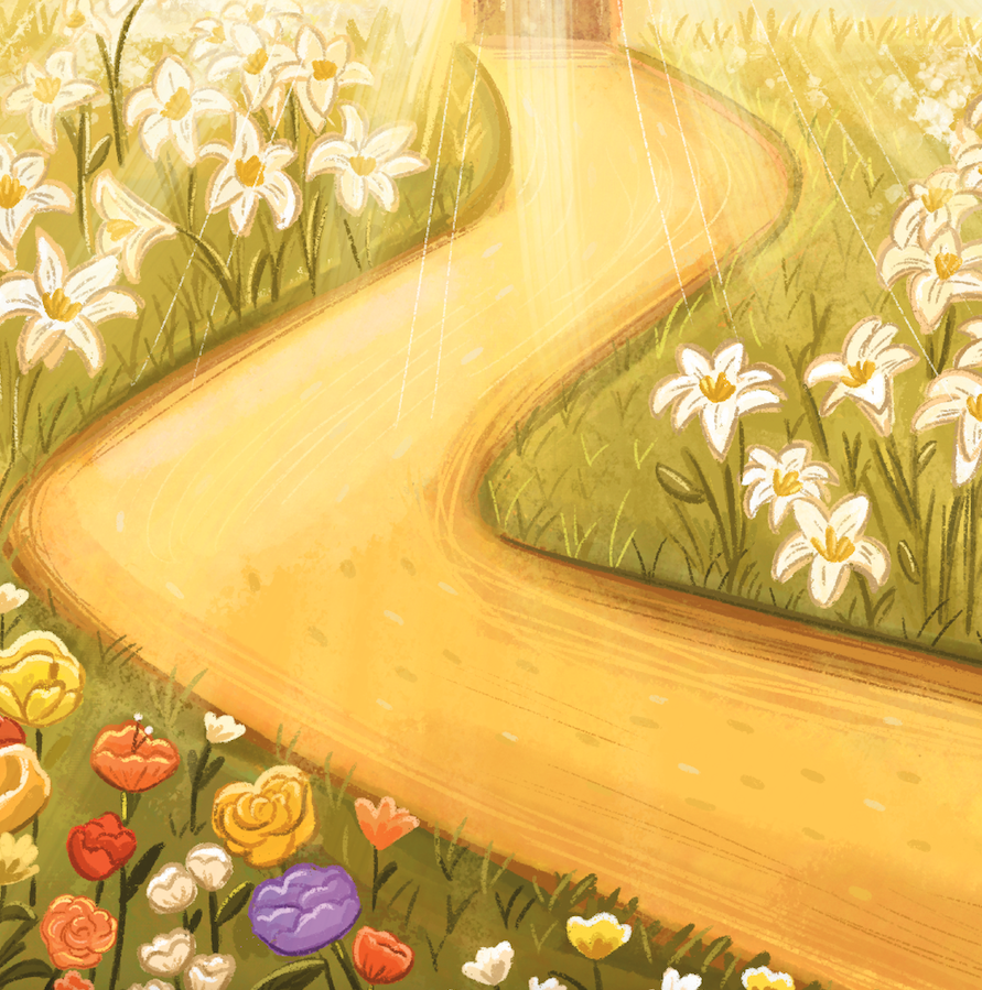 The winding road which leads to Christ mirrors the two-fold symbol of the golden wound in our LGW sacred heart image, which represents both our suffering and our hope for healing. The path in the sacred heart image can also be understood as reminisce