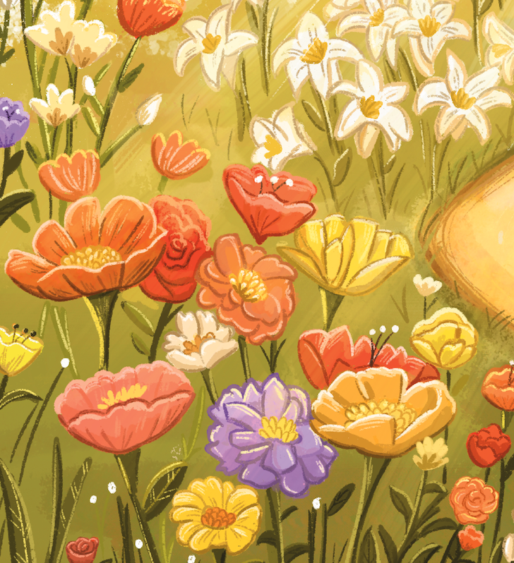 The flowers come forth from the rays of light just as sun is necessary for the growth of all flowers. Many of the flowers in the image are lilies: symbolizing the Resurrection and the new life that can come only from faith in Our Lord Jesus Christ. T