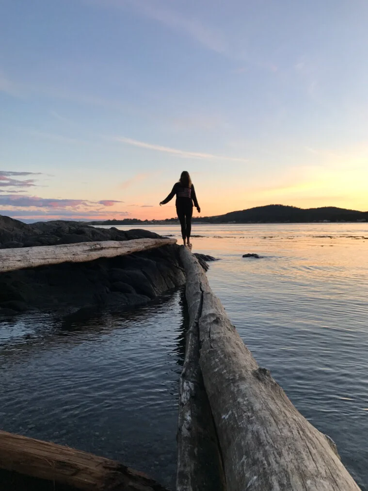 Walking on driftwood in over a reflected San Juans sunset.