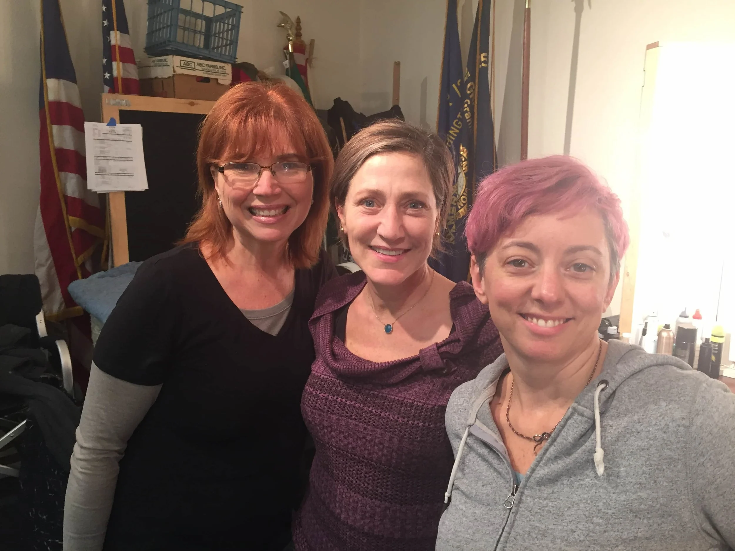 Nancy Leonardi (Hair) and I with Edie Falco during the filming of Outside In.