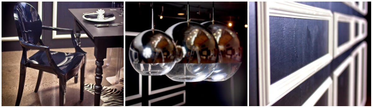 Left: Black Louis Ghost Chair / Center: Globe Lighting Collection / Right: Tuxedo Backdrop