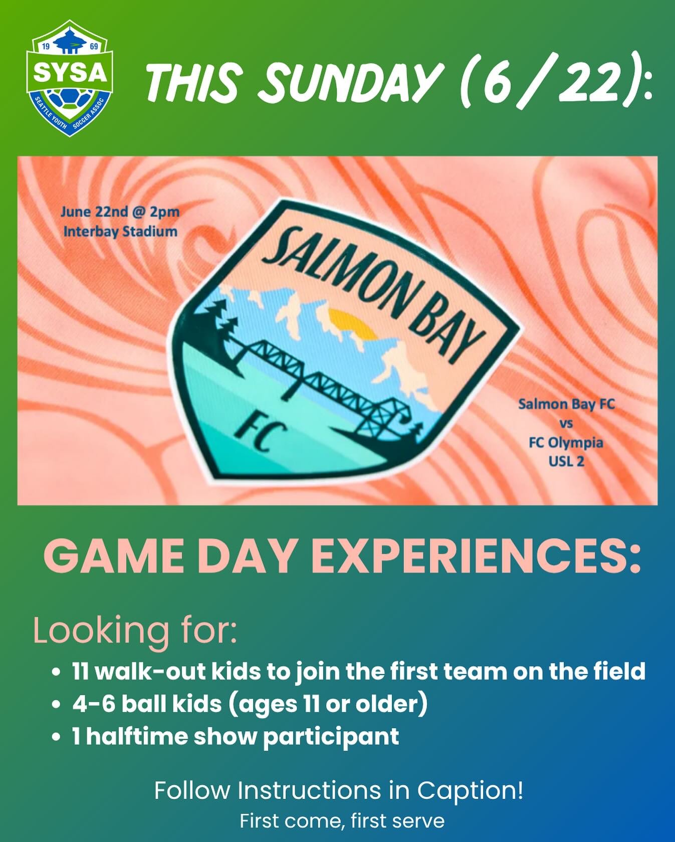 Salmon Bay FC vs FC Olympia &ndash; Game Day Experiences! ⚽️
Exclusive for SYSA families!

Want in? Here&rsquo;s how:
1️⃣ DM us a screenshot of your ticket order (no personal info!)
2️⃣ Tell us which experience you&rsquo;re interested in
3️⃣ Include 