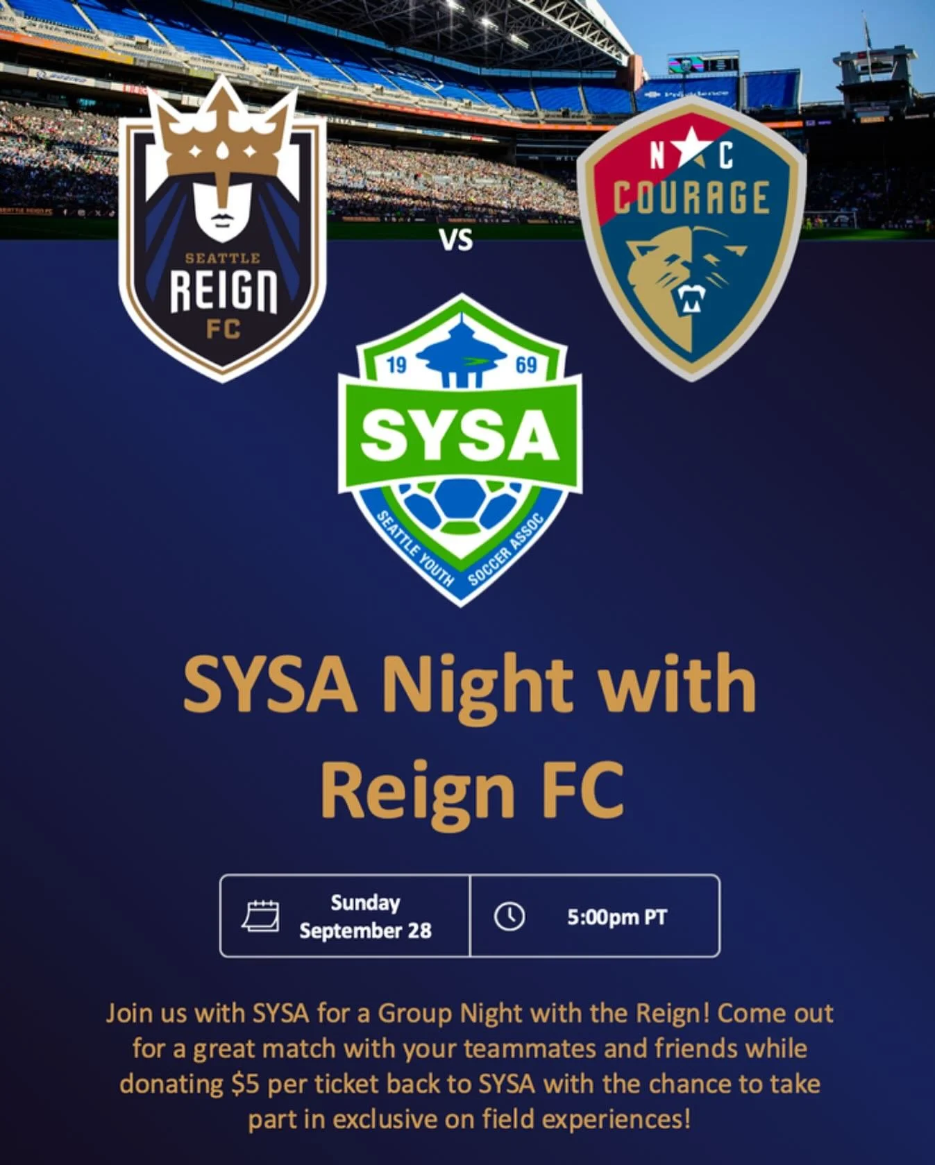SYSA Night at Reign FC 
Sunday, September 28th at 5pm 

Get your tickets today! Bring the whole team! 

Purchase tickets: gofevo.com/event/Sysa62

@reignfc