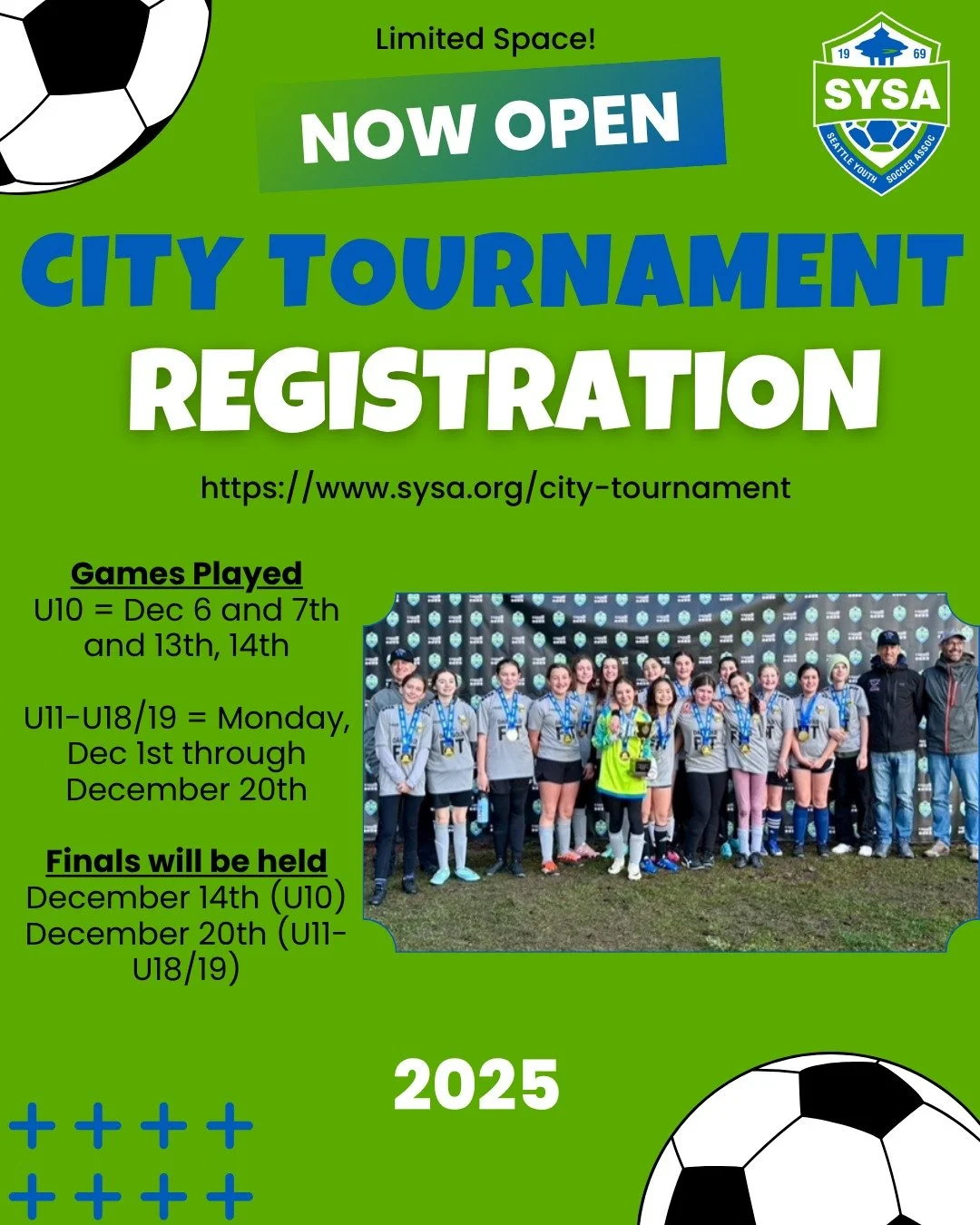 Has your team registered for the City Tournament?
The largest tournament for recreational soccer in WA State is now open for team registration! ⚽
Open to SYSA recreational teams aged U10 - U19
*Limited space at each age group. Do NOT delay! Regist