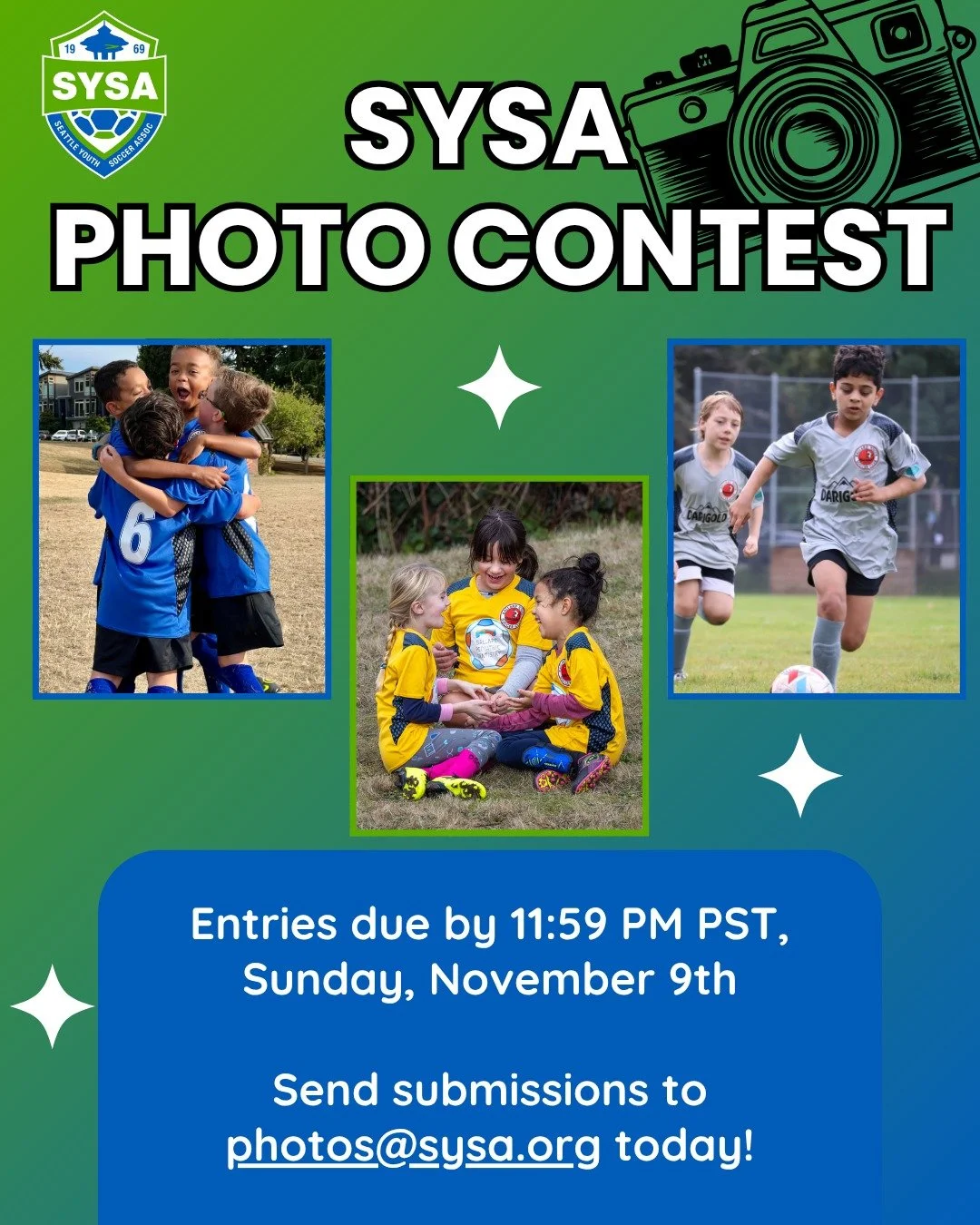 We love seeing how much fun everyone has out on the field each season and now’s your chance to share it! The fourth annual SYSA Fall Photo Contest is officially open!
Whether it’s game-winning goals, sideline smiles, or post-match snack