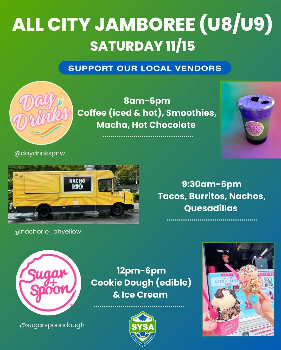 Participating in the All City Jamboree this weekend? 

We will have amazing and delicious vendors at Genesee Park and Playfield this Saturday! Be sure to support! 

Day Drinks PNW 
8am - 6pm 
Coffee, Smoothies, Hot Chocolate, Italian Sodas
@daydrinks