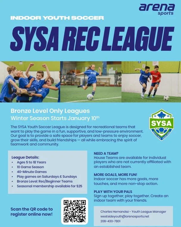 This winter, there&rsquo;s a new way to keep your kids playing, having fun, and staying connected to soccer. We&rsquo;re proud to announce the launch of the Indoor SYSA Recreational League.

In partnership with @arenasports, this indoor league is des