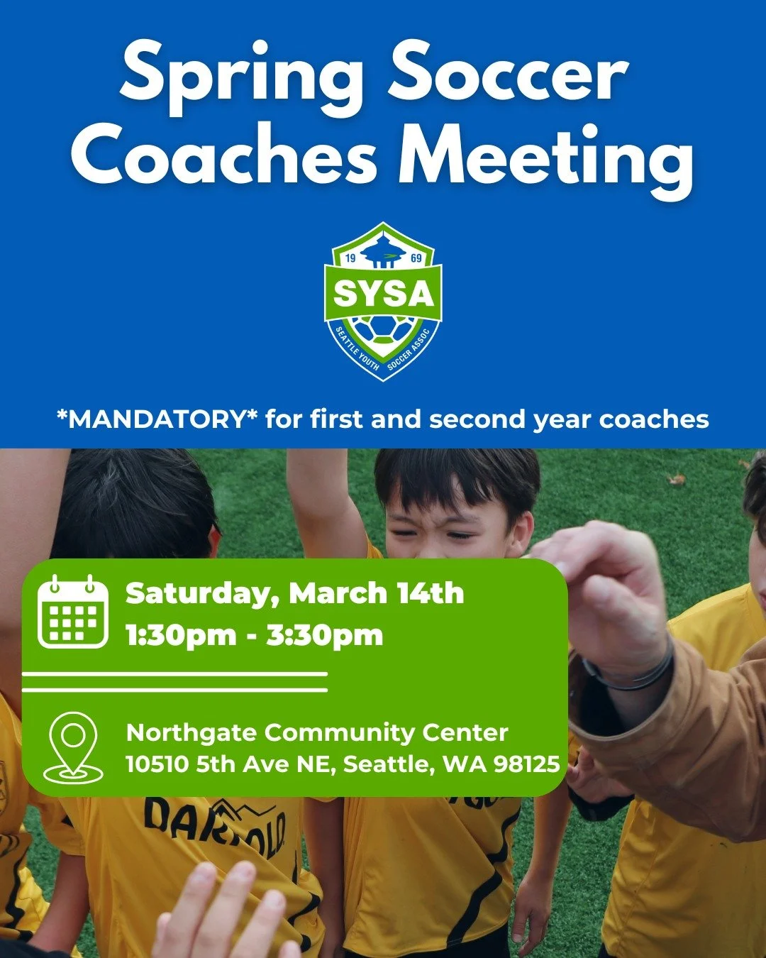 Spring Coaches Meeting

Saturday, March 14 
Northgate Community Center
1:30 pm - 3:30 pm 

*Mandatory for 1st and 2nd year coaches!

@darigoldnw #darigold