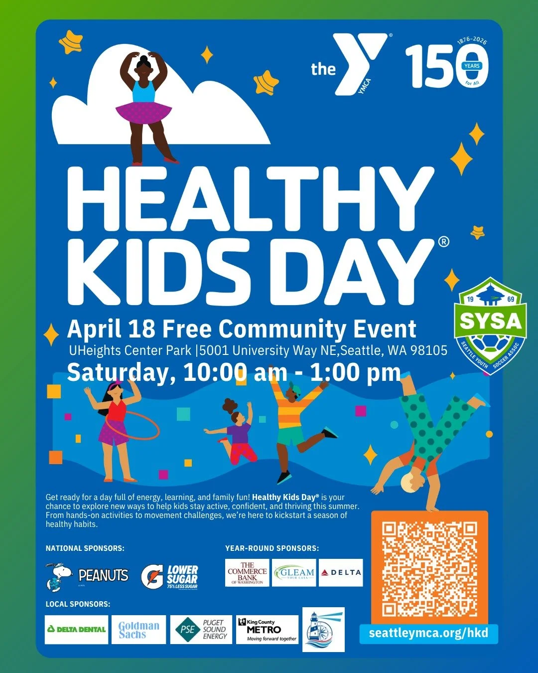 THIS SATURDAY, Join SYSA &amp; @ymcaseattle for Healthy Kids Day!

This free event is hosted at multiple locations across the city! 

Our team will be hosting a booth at UHeights Center Park in the UDistrict! Come say "Hello" and score a GO