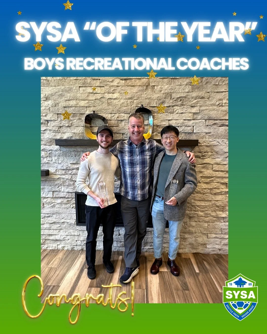 SYSA "Of The Year": Boys Recreational Coaches

Head Coach: Chris Harris
Assistant Coach: Jun Hun

In the middle is Jon Carver, the President of LVR soccer club (northeast Seattle), who presented both Chris &amp; Jun with the awards and shar