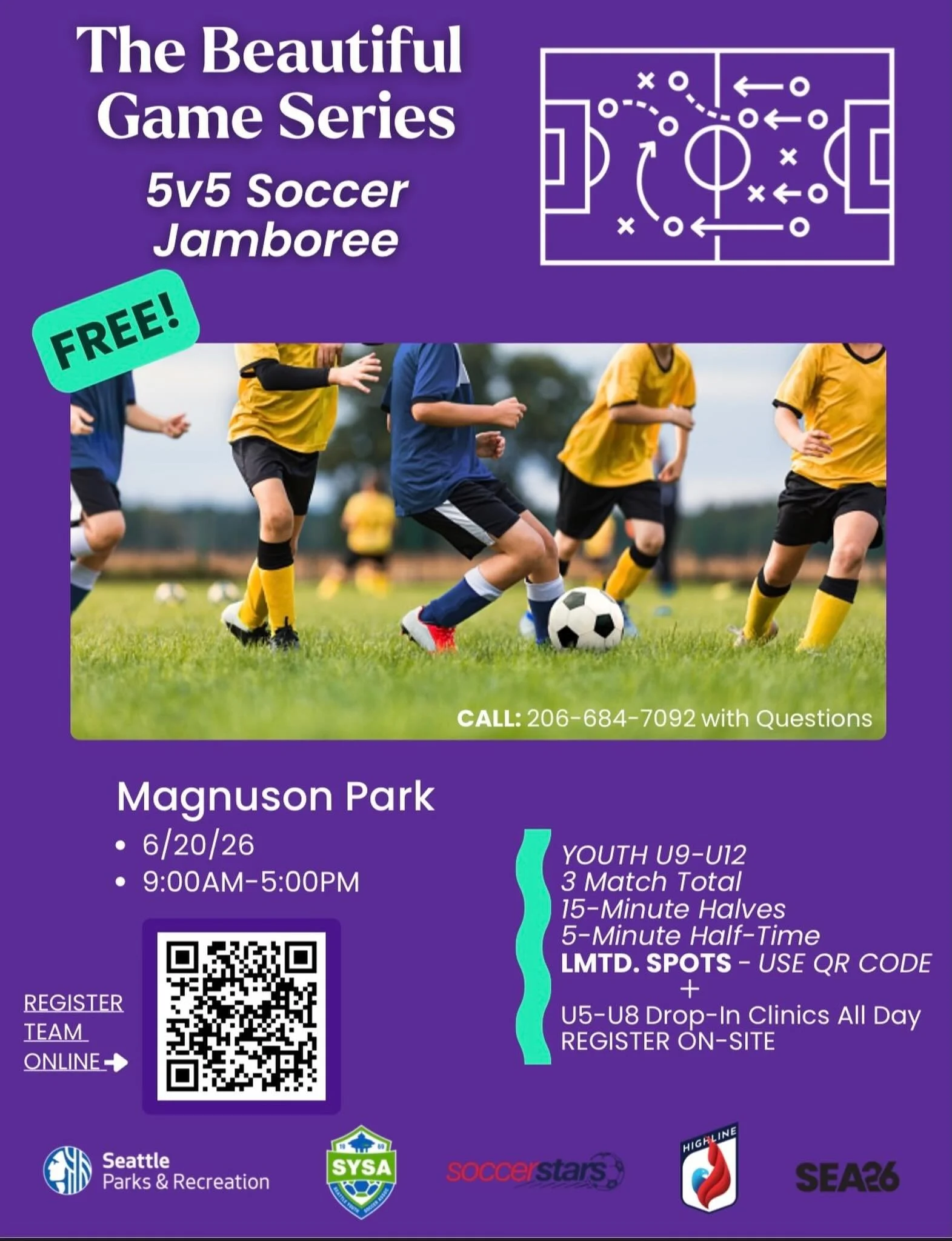 We're excited to be co-hosting a 5v5 Jamboree in partnership with @seattleparksandrec

This is the first of two free 5v5 Jamborees we are hosting this summer. 

📆June 20th 
📍Magnuson Park

Let's unite as a city to kick off the World Cup celebration