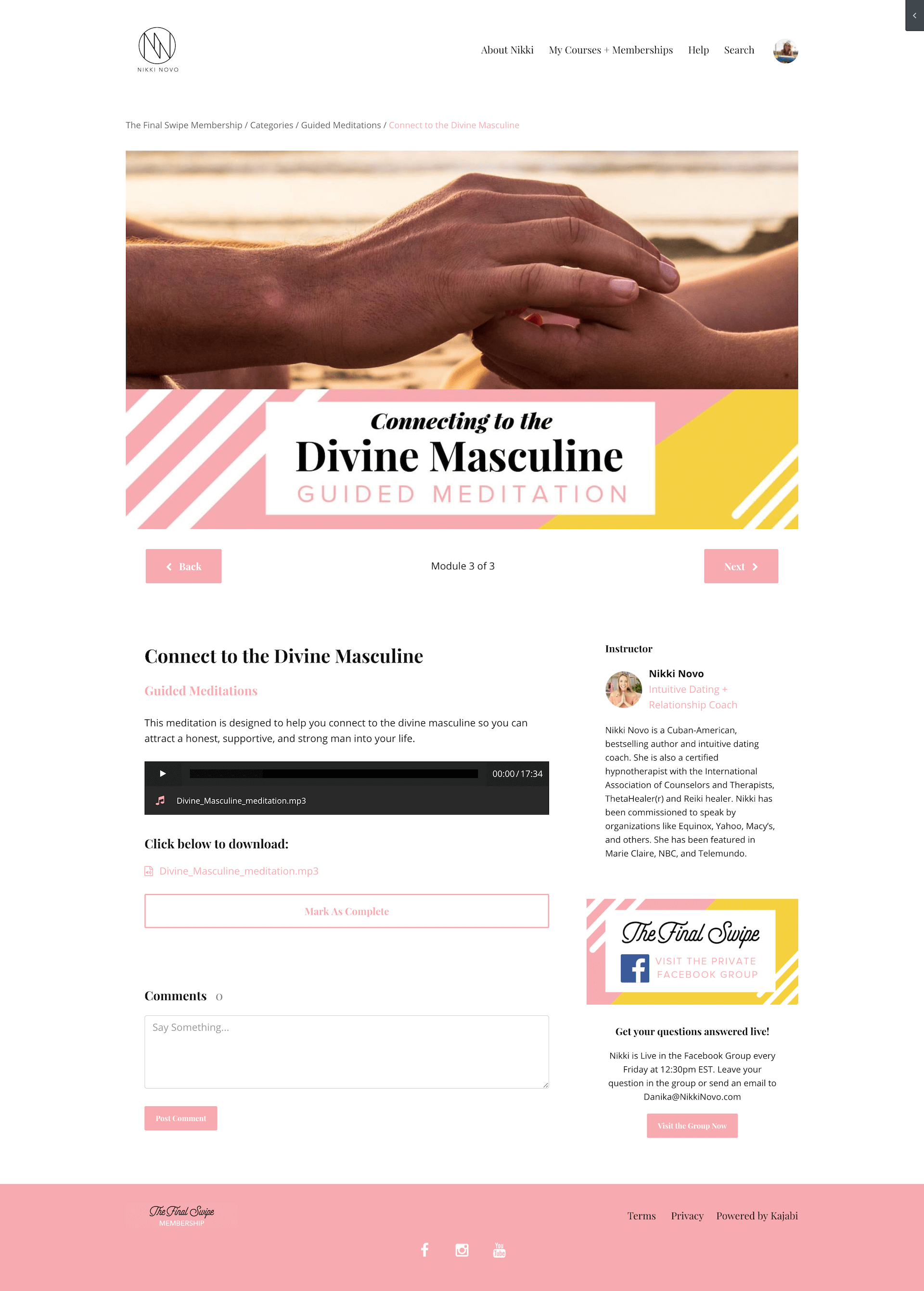 Kajabi Customization for Intuitive Dating Coach, Nikki Novo. © 2019 Awake Website Design.