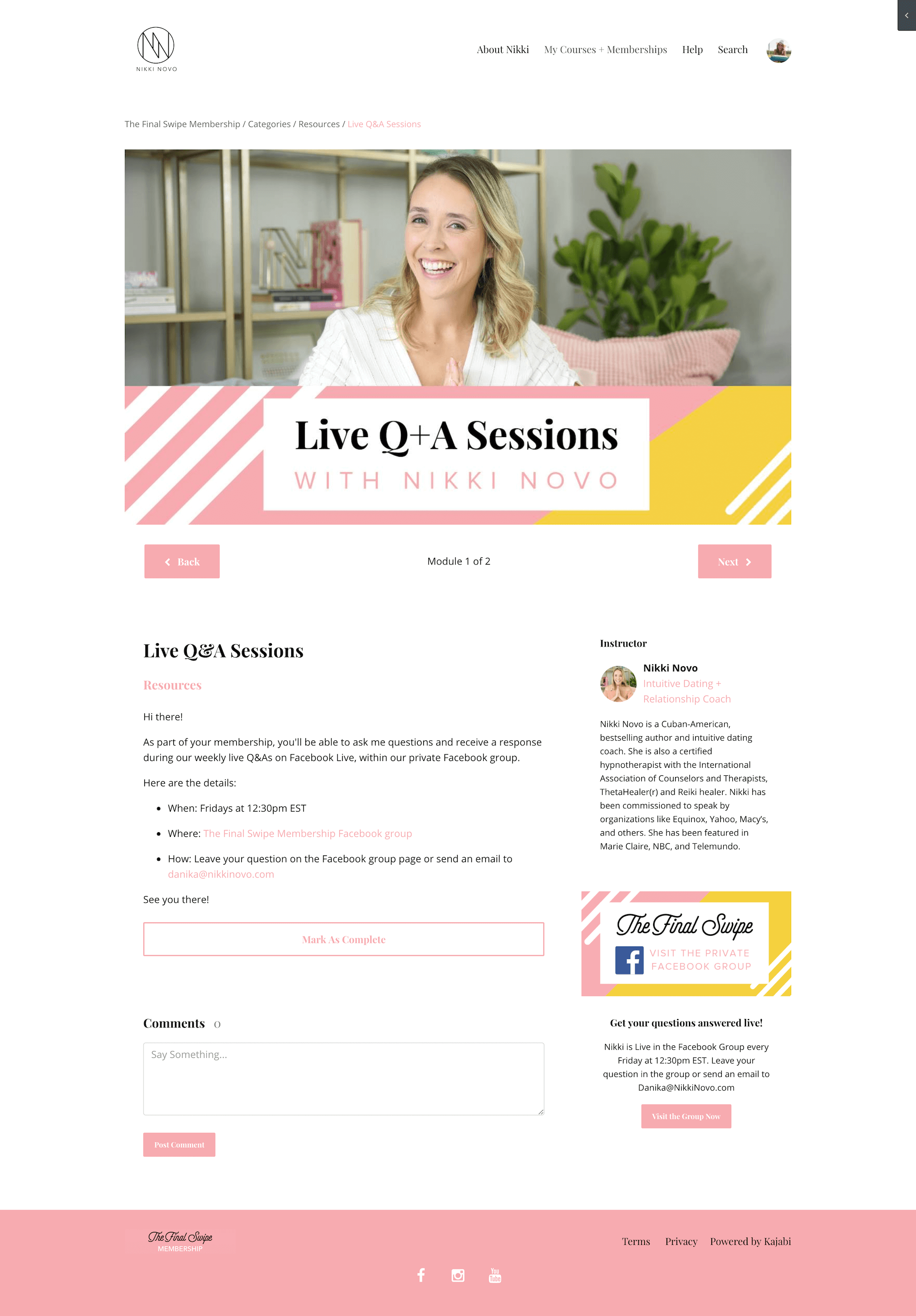 Kajabi Customization for Intuitive Dating Coach, Nikki Novo. © 2019 Awake Website Design.