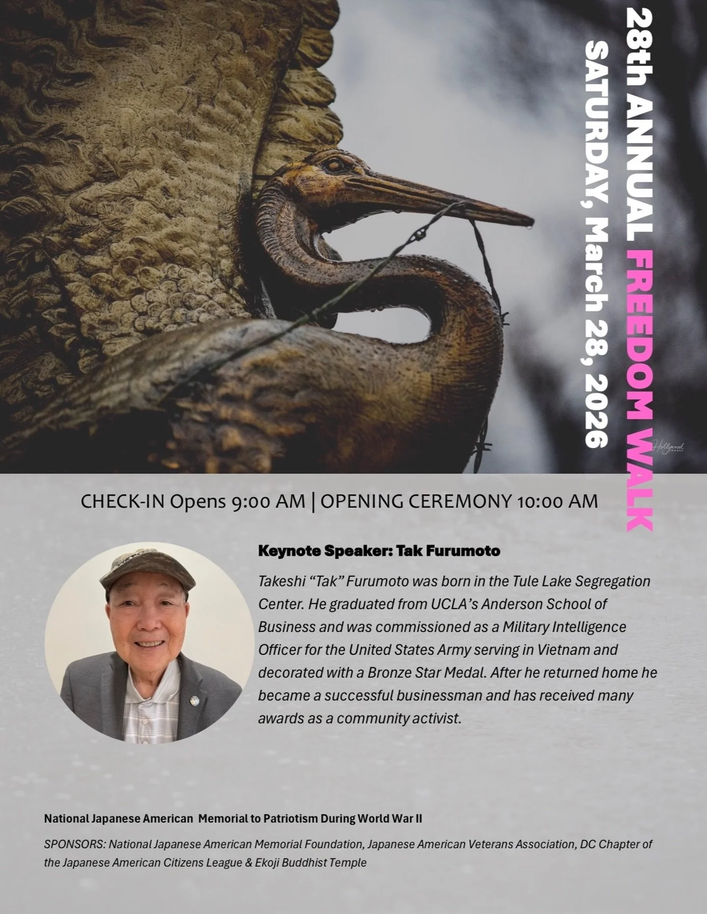 Join us for a special Freedom Walk this year on March 28 at 9:00am! We are honored to have Tak Furumoto as the keynote speaker. In celebration of the Memorial&rsquo;s 25th Anniversary and remembrance of its purpose, we look forward to hosting this in