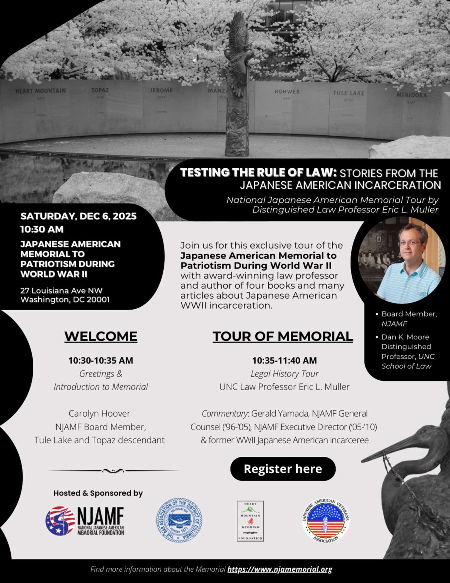 The Memorial is proud to host a special tour discussing the legal history of Japanese American incarceration on December 6 at 10:30am. 

Please register using the link in our bio!