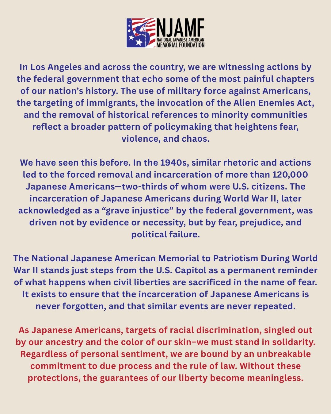 We know all too well what could happen when the federal government targets marginalized groups to spread fear and division. We must stand in solidarity now -- so the injustices of the past are not repeated.