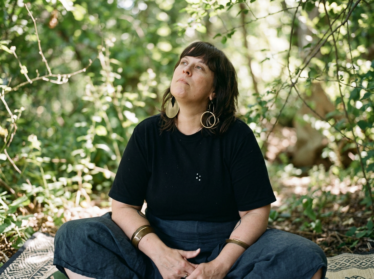 A woman with dark hair, wearing a black shirt and large dangling earrings, sits cross-legged outdoors among green foliage, looking upwards thoughtfully.