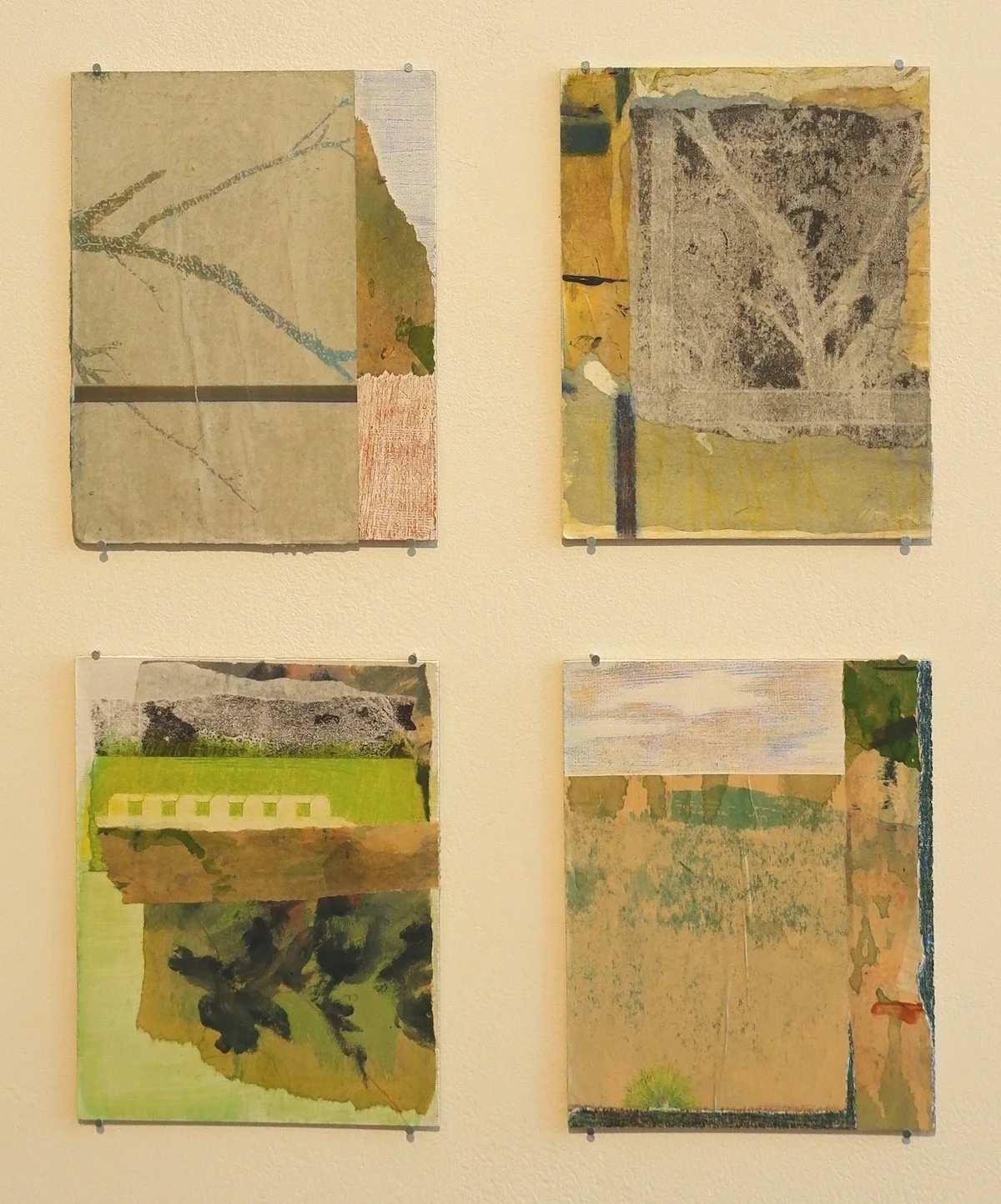   to be at the same time in place and out of place (III-VI) , 2024. mixed media collage on found mdf panels 