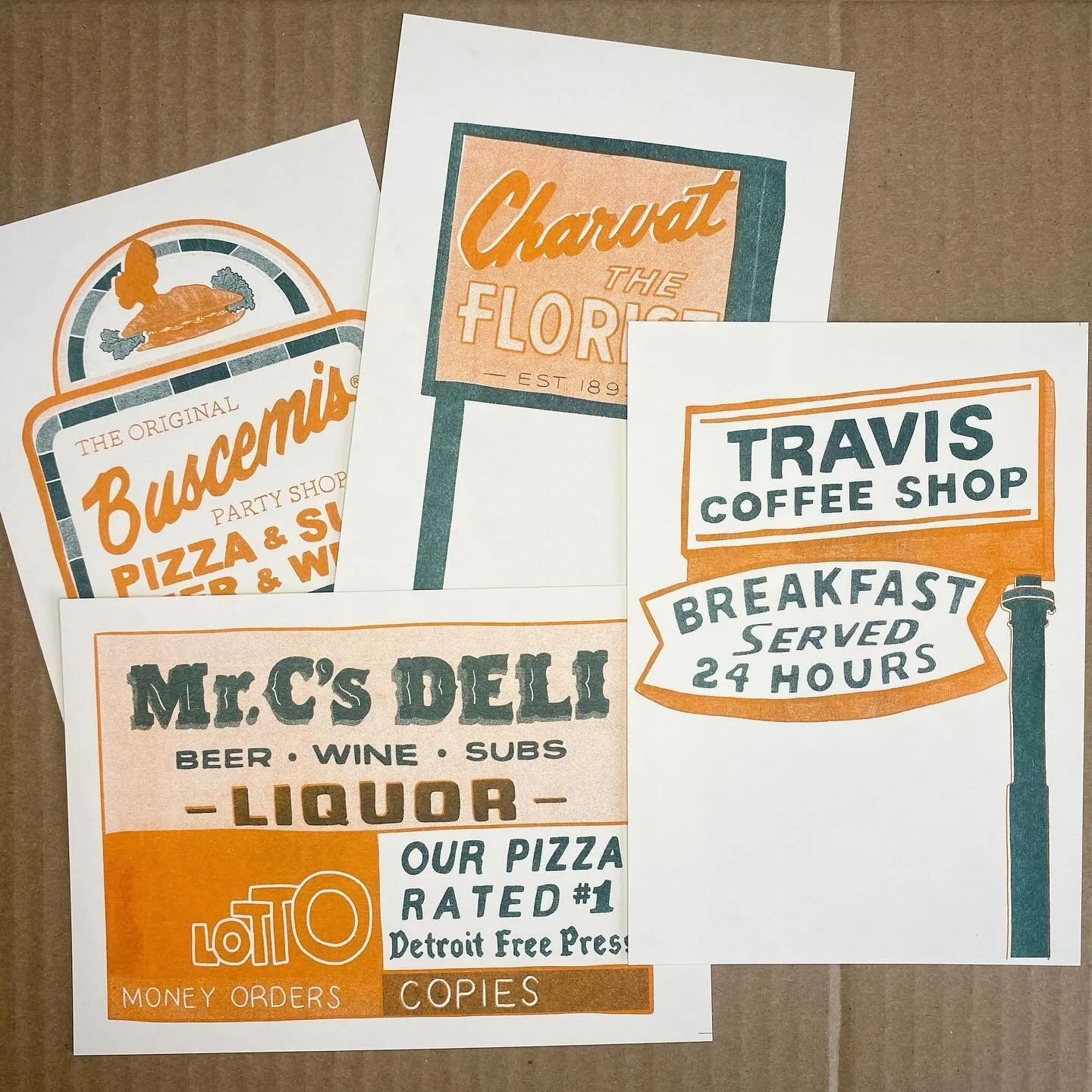 intense nostalgia // riso prints of drawings of signs from around the neighborhood where I grew up
inks: paprika, hunter green, coral