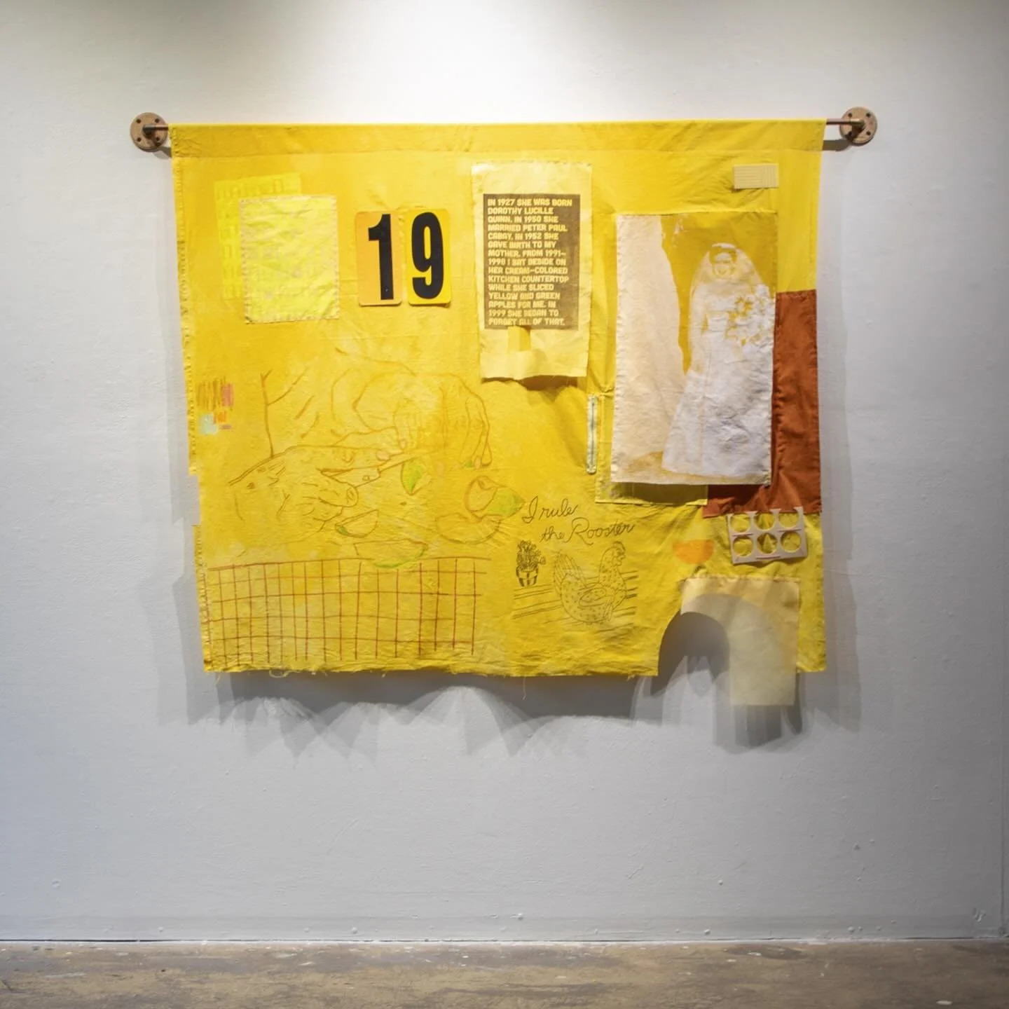 between memory and matter. 
linen, silkscreen, mixed media 
&mdash;

*this installation explores personal memory organized and contained through color. 

also, baby&rsquo;s first foray into fiber!