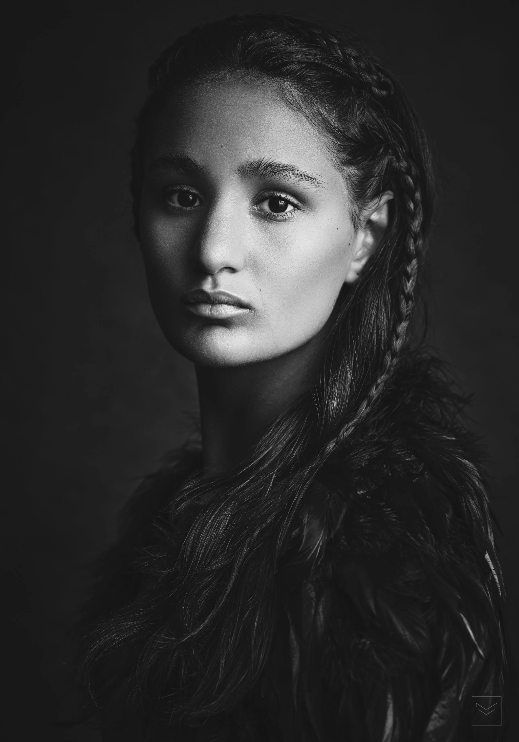 Black and white fine art portrait of a young lady. Studio lighting childrens portrait session with Michelle Young Portraiture in Sydney 