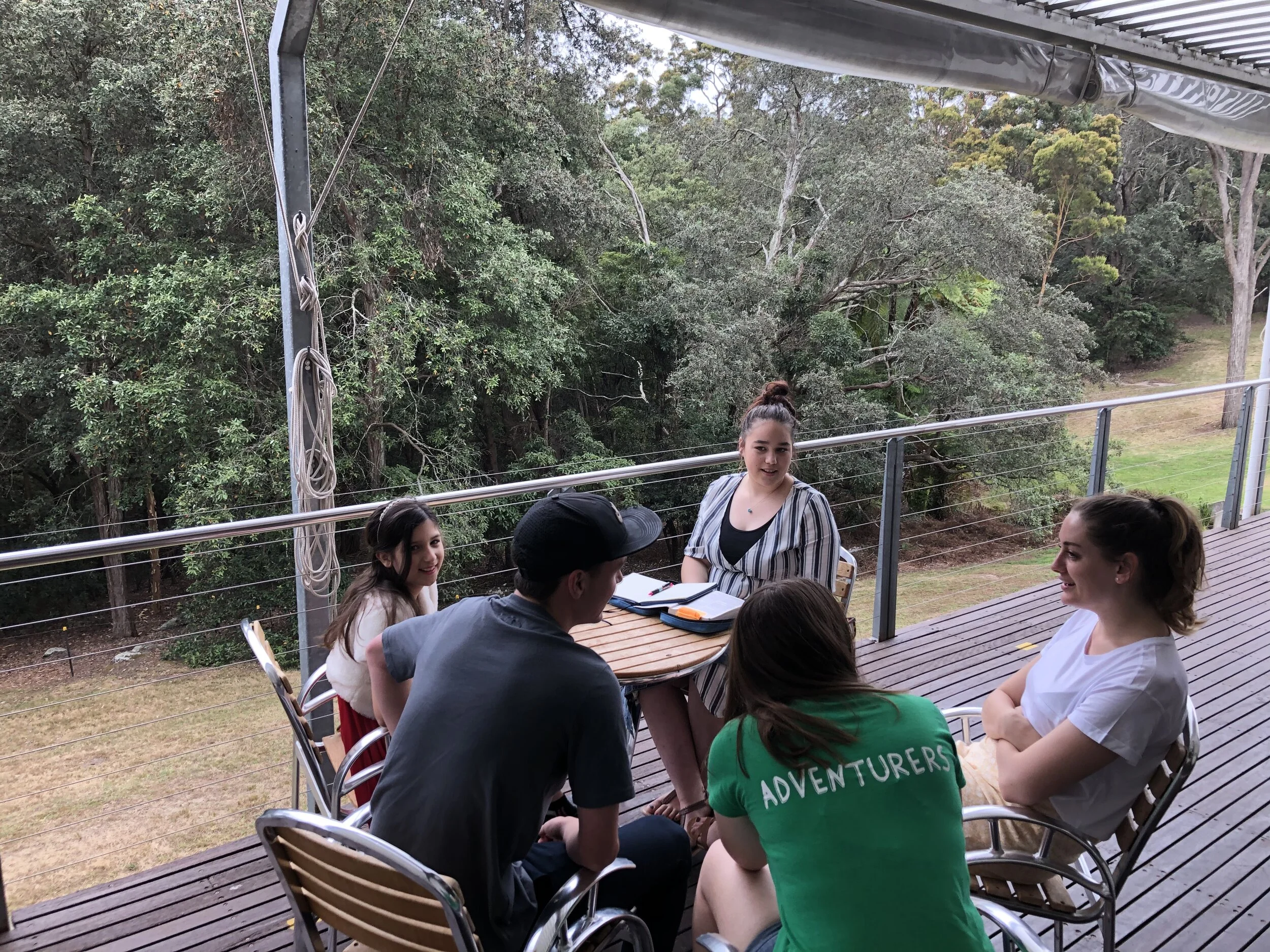 Some of our set-up team enjoying some fellowship pre-service after setting up all the chairs, signs, SG classrooms etc… Thank you guys.