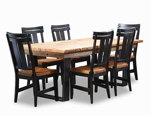 Grainery Dining Table by Kathryn Hexum Designs - reclaimed old growth virgin pine repurposed for a sturdy, handcrafted set. Check the reclaimed seats on the chairs, too. #reclaimedwoodfurniture #reclaimedtable
