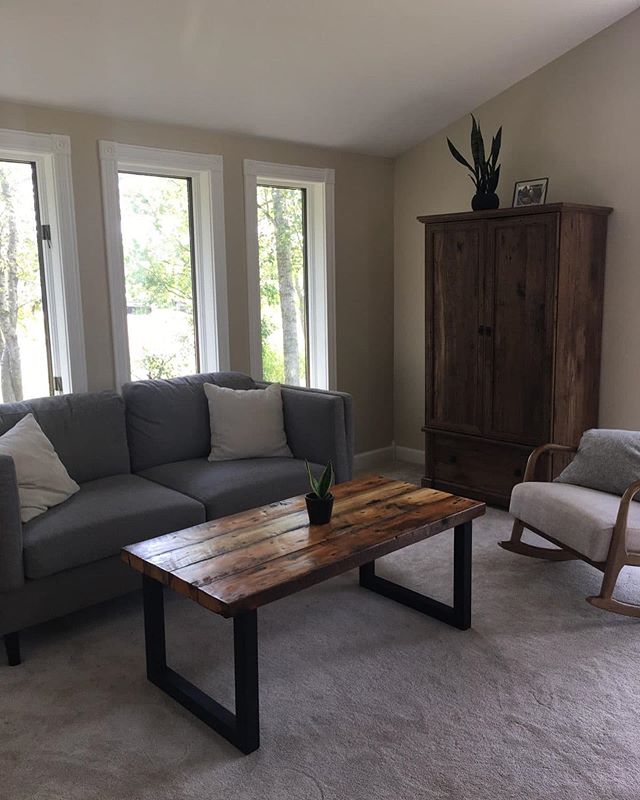 Brilliant use of our reclaimed pine. This coffee table and end table add to  the comfort and coziness of this living room. Head over to our website for info on this affordable, historic reclaimed resource.