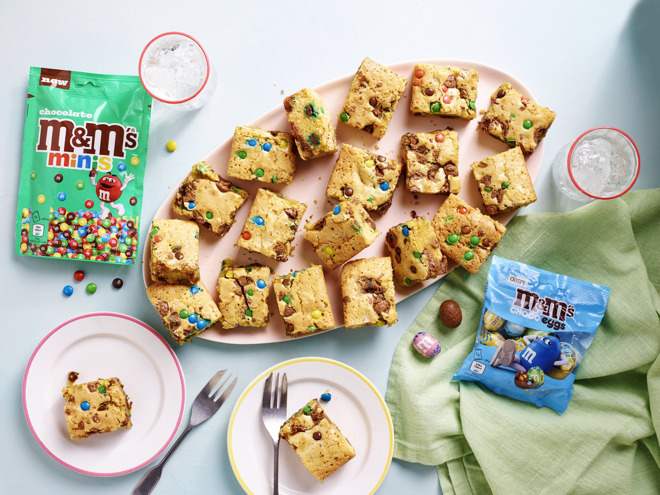 a recipe for M&Ms blondies written and styled by Sophie Foot for BBC Good Food and M&M’s