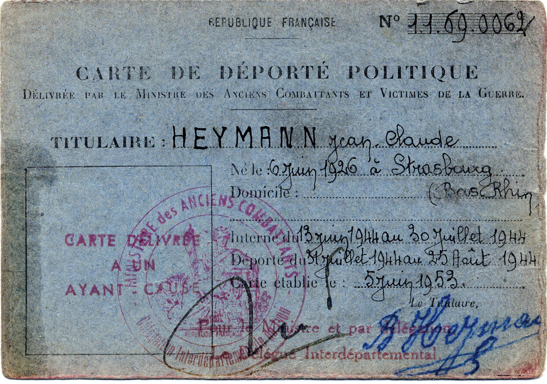 Carte de déporté politique de Jean-Claude, Heymann, Lyon