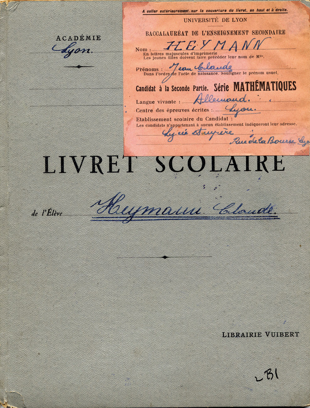 Livret scolaire et baccalauréat de Jean-Claude, Heymann, Lyon