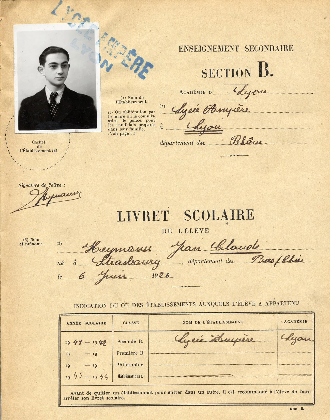 Livret scolaire du lycée Ampère de Jean-Claude, Heymann, Lyon