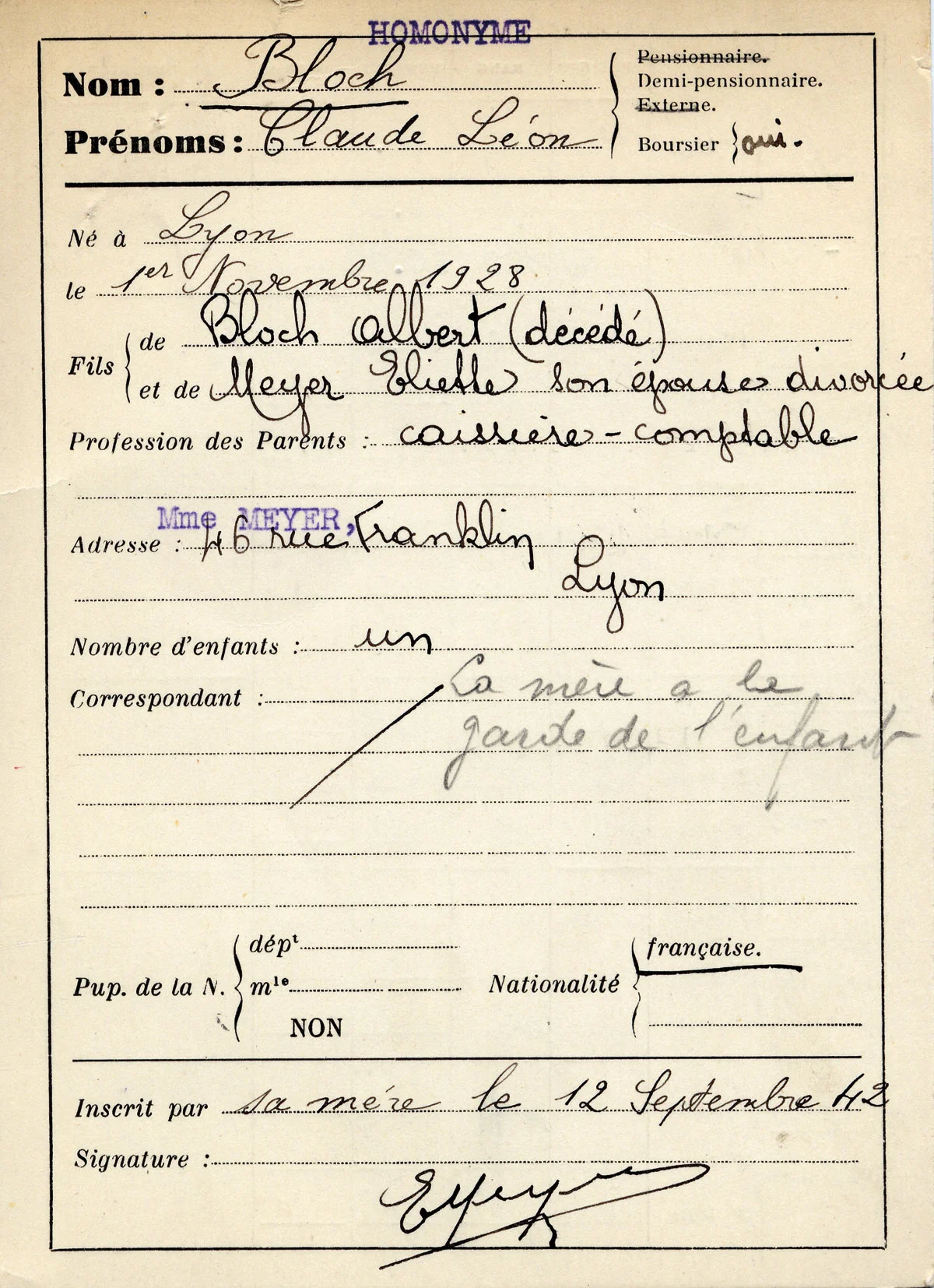 Document scolaire La Martinière concernant Claude, Bloch, Lyon