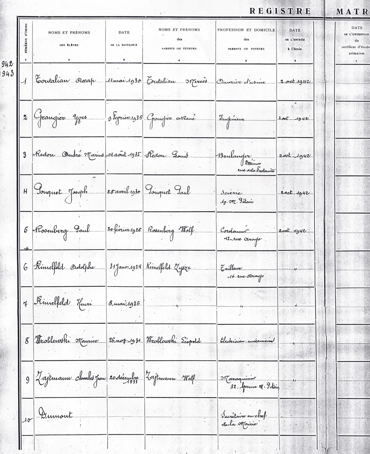 Charles Zajtmann (Registre école) 1942-43